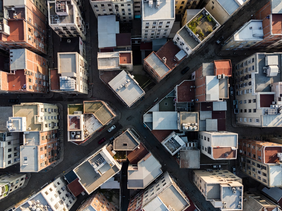 Aerial view of a complex urban location surrounded by narrow streets