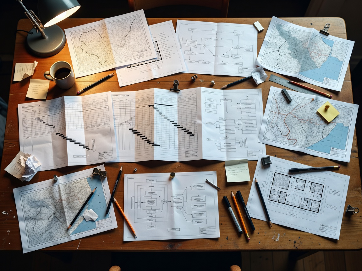 Detailed production schedules and mapping documents laid out on a table