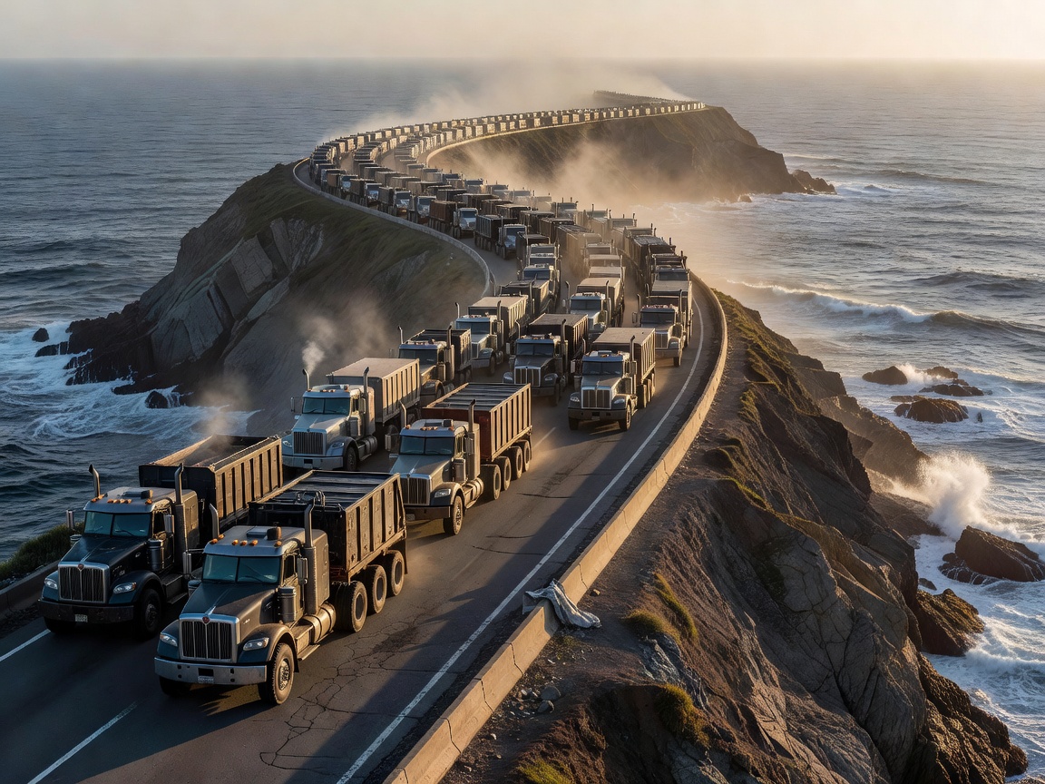 Fleet of technical transport trucks moving along a coastal highway