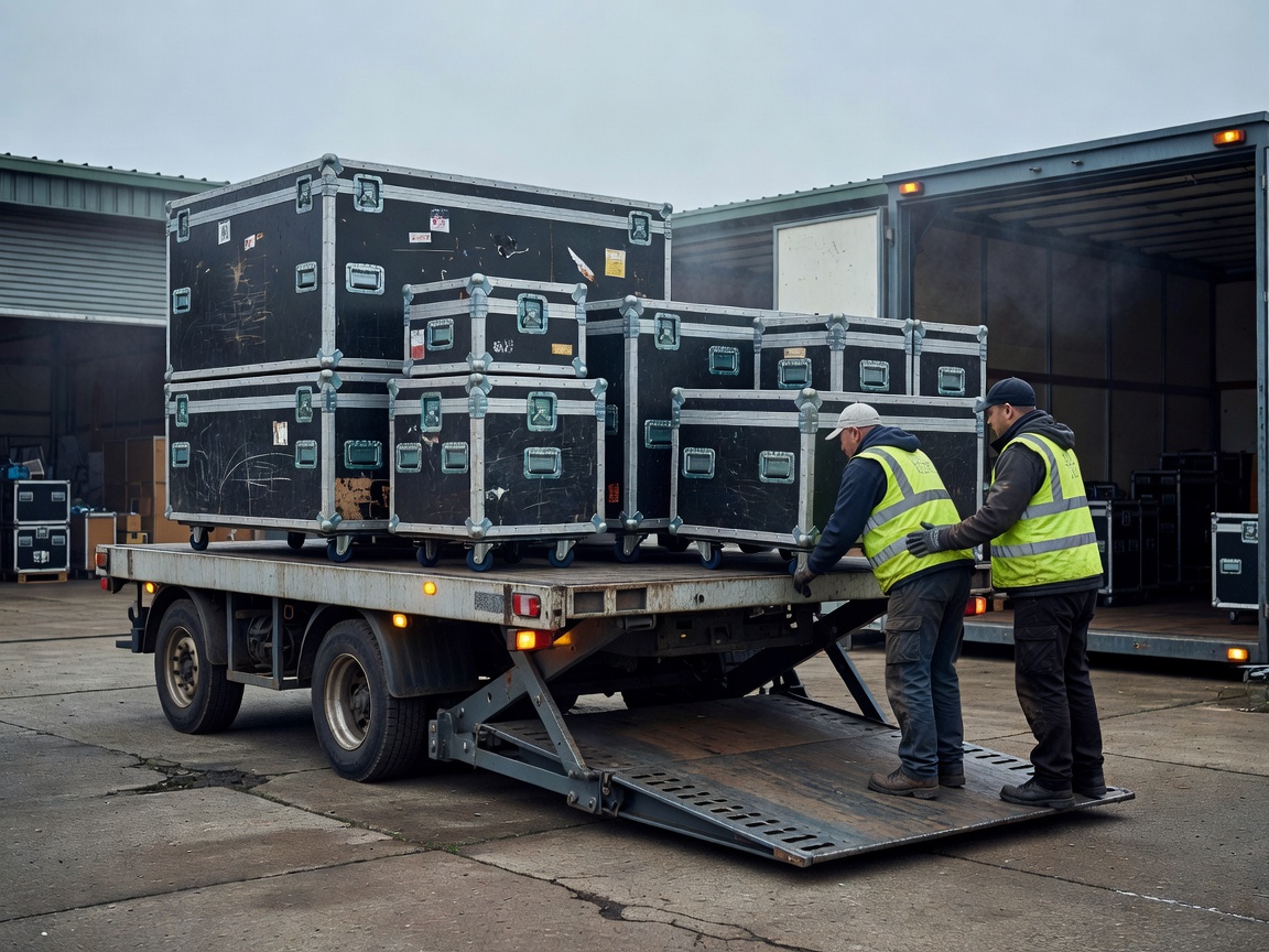 Heavy duty flight cases being loaded onto a specialized tail-lift truck