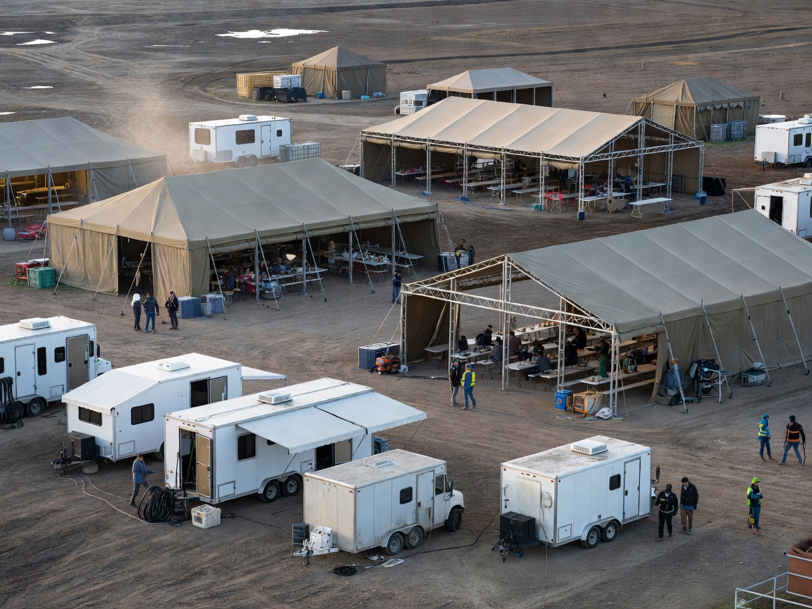 Temporary production base camp setup with dining marquees and trailers